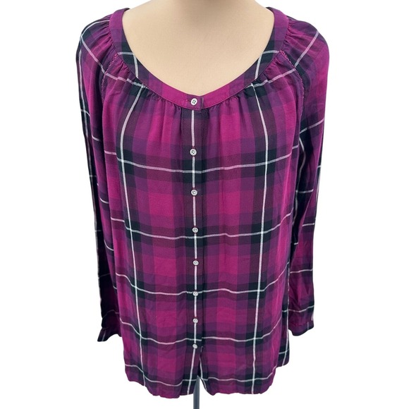 J.Jill‎ Petite Plaid Button Down Top Purple Black White Rayon Blouse Small - Picture 1 of 11
